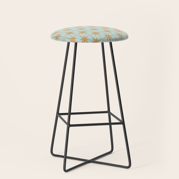 Mid Century Modern Starbursts - Atomic Age Pattern in Muted Gold and Pale Ice Blue Stool Gallery Image 1