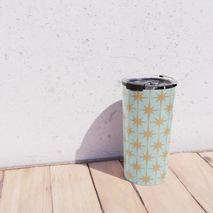 Mid Century Modern Starbursts - Atomic Age Pattern in Muted Gold and Pale Ice Blue Travel Mug Gallery Image 4