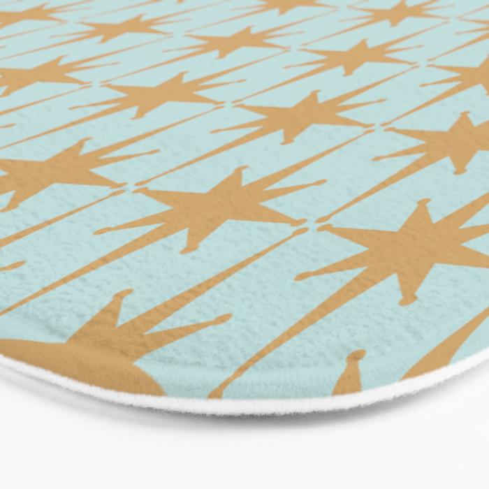 Mid Century Modern Starbursts - Atomic Age Pattern in Muted Gold and Pale Ice Blue Bath Mat Gallery Image 3