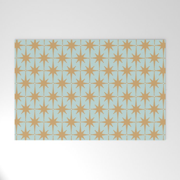Mid Century Modern Starbursts - Atomic Age Pattern in Muted Gold and Pale Ice Blue Welcome Mat Gallery Image 1