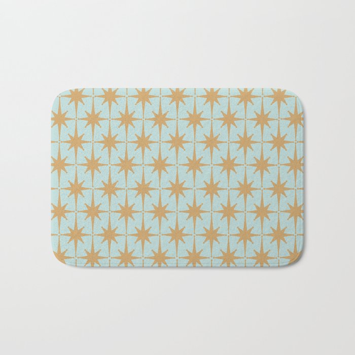 Mid Century Modern Starbursts - Atomic Age Pattern in Muted Gold and Pale Ice Blue Bath Mat Gallery Image 1