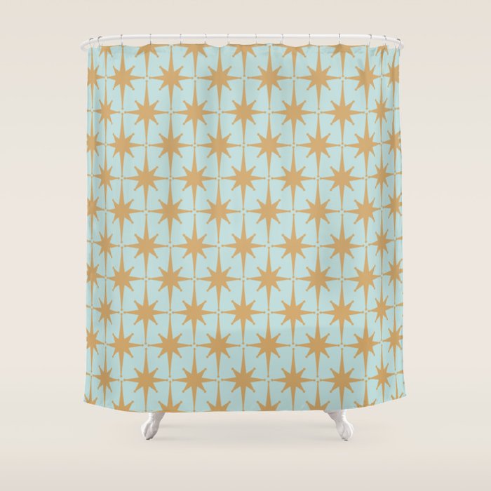 Mid Century Modern Starbursts - Atomic Age Pattern in Muted Gold and Pale Ice Blue Shower Curtain Gallery Image 1