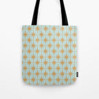 Mid Century Modern Starbursts - Atomic Age Pattern in Muted Gold and Pale Ice Blue Tote Bag Gallery Image 1