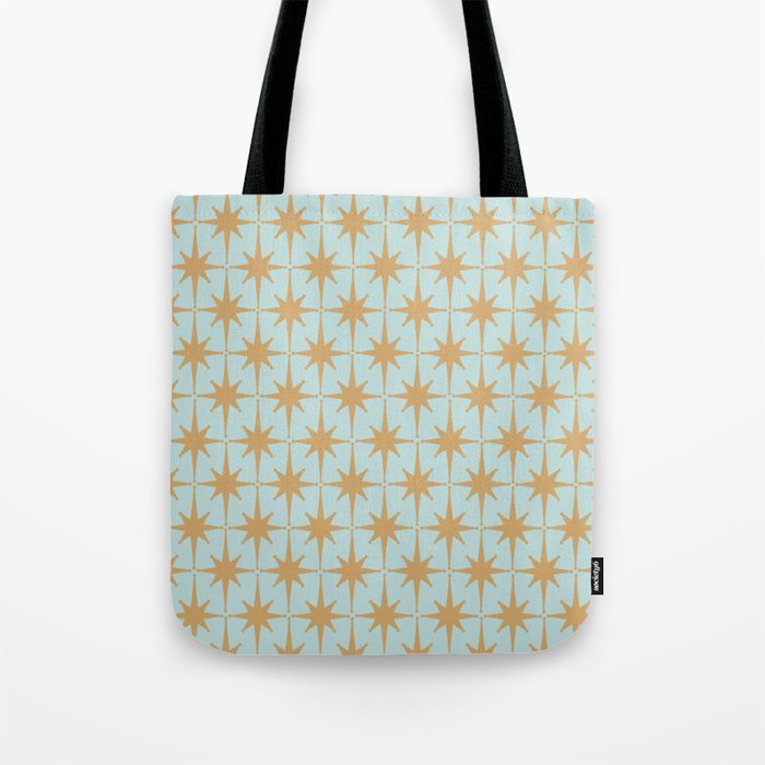 Mid Century Modern Starbursts - Atomic Age Pattern in Muted Gold and Pale Ice Blue Tote Bag Gallery Image 1