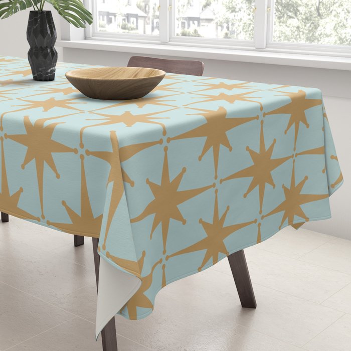 Mid Century Modern Starbursts - Atomic Age Pattern in Muted Gold and Pale Ice Blue Tablecloth Gallery Image 3