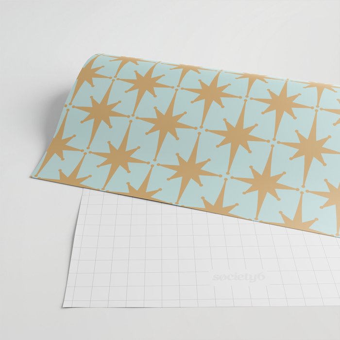 Mid Century Modern Starbursts - Atomic Age Pattern in Muted Gold and Pale Ice Blue Wrapping Paper Gallery Image 2