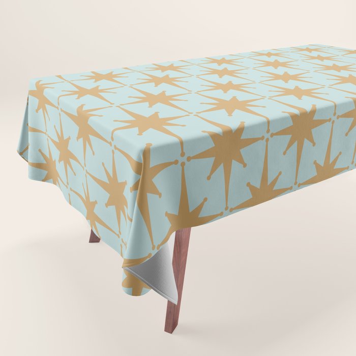Mid Century Modern Starbursts - Atomic Age Pattern in Muted Gold and Pale Ice Blue Tablecloth Gallery Image 1