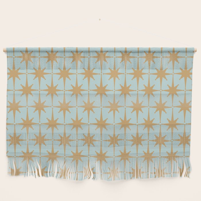 Mid Century Modern Starbursts - Atomic Age Pattern in Muted Gold and Pale Ice Blue Wall Hanging Gallery Image 1