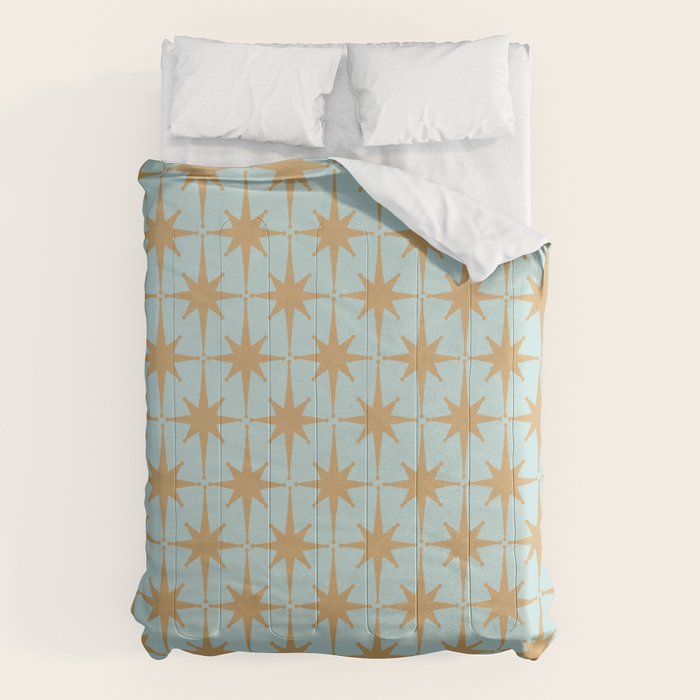 Mid Century Modern Starbursts - Atomic Age Pattern in Muted Gold and Pale Ice Blue Comforter Gallery Image 1