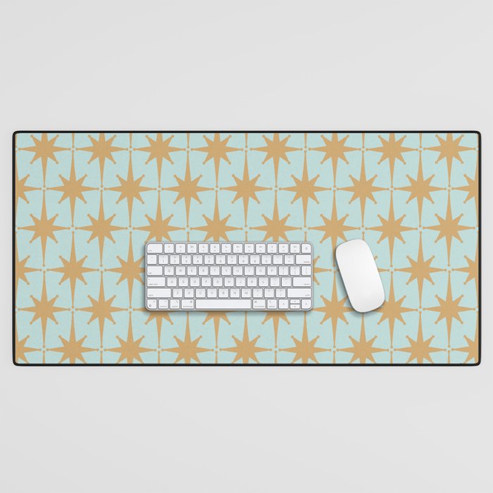 Mid Century Modern Starbursts - Atomic Age Pattern in Muted Gold and Pale Ice Blue Desk Mat Gallery Image 1