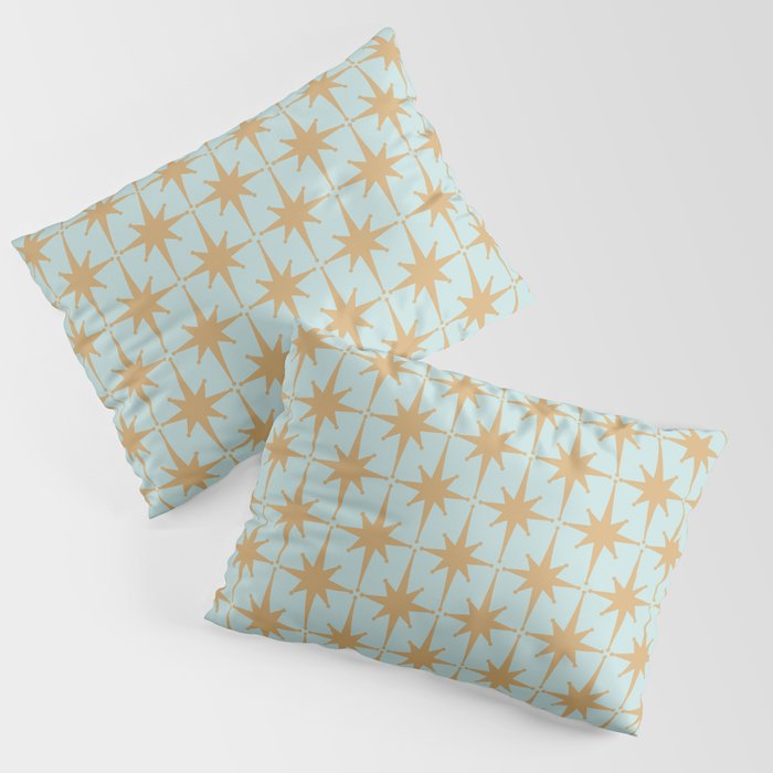 Mid Century Modern Starbursts - Atomic Age Pattern in Muted Gold and Pale Ice Blue Pillow Sham Gallery Image 1