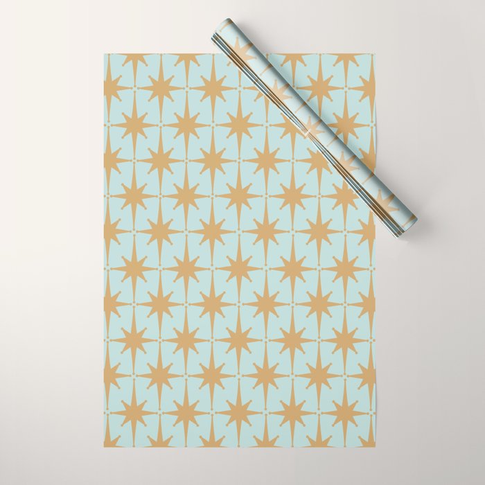 Mid Century Modern Starbursts - Atomic Age Pattern in Muted Gold and Pale Ice Blue Wrapping Paper Gallery Image 1