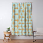 Mid Century Modern Starbursts - Atomic Age Pattern in Muted Gold and Pale Ice Blue Window Curtain Gallery Image 5
