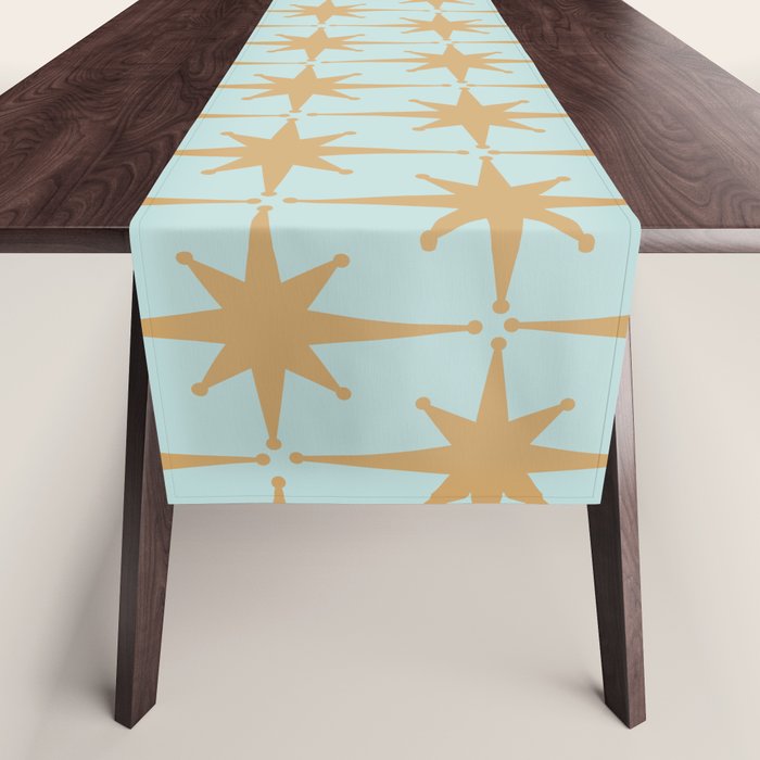 Mid Century Modern Starbursts - Atomic Age Pattern in Muted Gold and Pale Ice Blue Table Runner Gallery Image 1