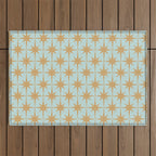 Mid Century Modern Starbursts - Atomic Age Pattern in Muted Gold and Pale Ice Blue Outdoor Rug Gallery Image 1