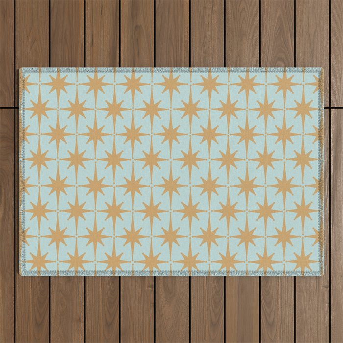 Mid Century Modern Starbursts - Atomic Age Pattern in Muted Gold and Pale Ice Blue Outdoor Rug Gallery Image 1
