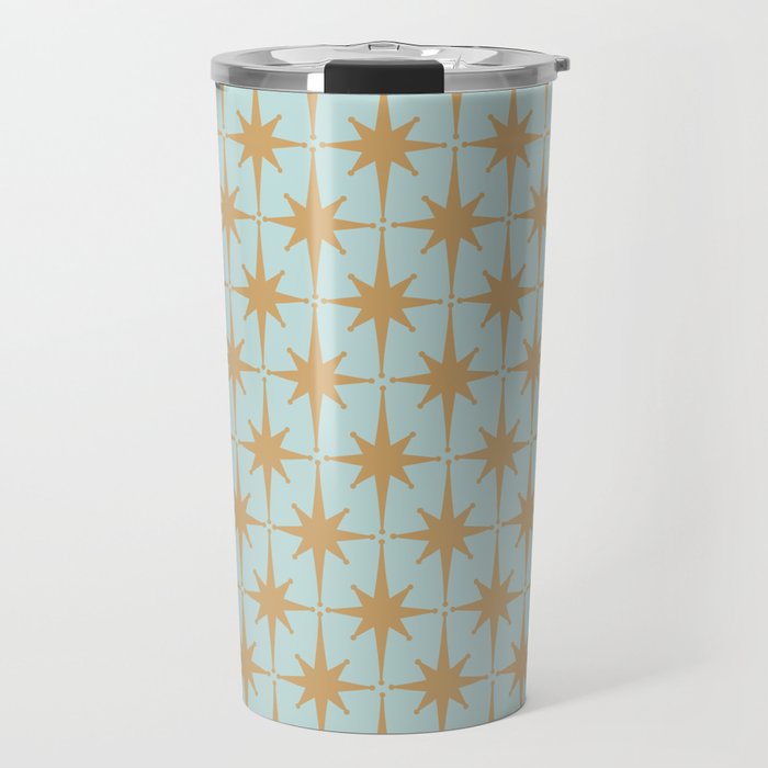 Mid Century Modern Starbursts - Atomic Age Pattern in Muted Gold and Pale Ice Blue Travel Mug Gallery Image 1
