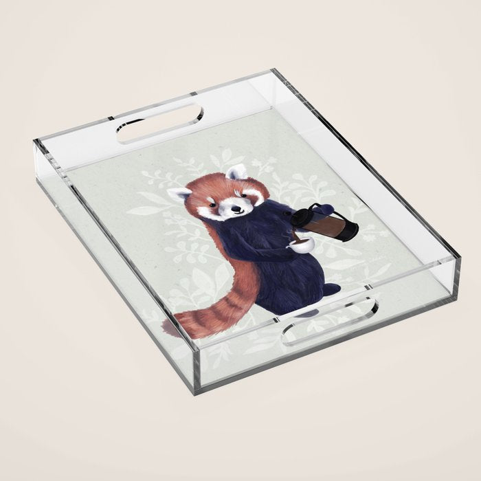 Cute Red Panda and Coffee / French Press and Botanicals Art Print, Green, Orange, Navy  Acrylic Tray Gallery Image 1