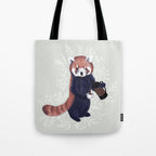 Cute Red Panda and Coffee / French Press and Botanicals Art Print, Green, Orange, Navy  Tote Bag Gallery Image 1