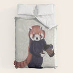 Cute Red Panda and Coffee / French Press and Botanicals Art Print, Green, Orange, Navy  Duvet Cover Gallery Image 6