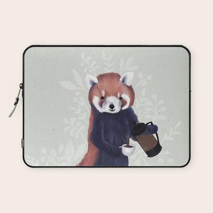 Cute Red Panda and Coffee / French Press and Botanicals Art Print, Green, Orange, Navy  Laptop Sleeve Gallery Image 1