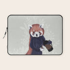 Cute Red Panda and Coffee / French Press and Botanicals Art Print, Green, Orange, Navy  Laptop Sleeve Gallery Image 1