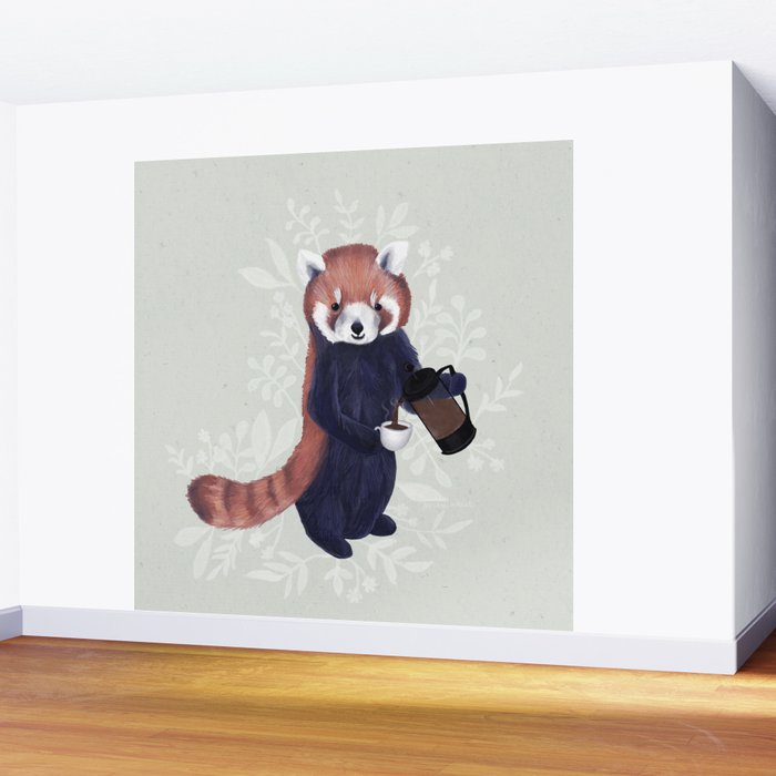 Cute Red Panda and Coffee / French Press and Botanicals Art Print, Green, Orange, Navy  Wall Mural Gallery Image 2