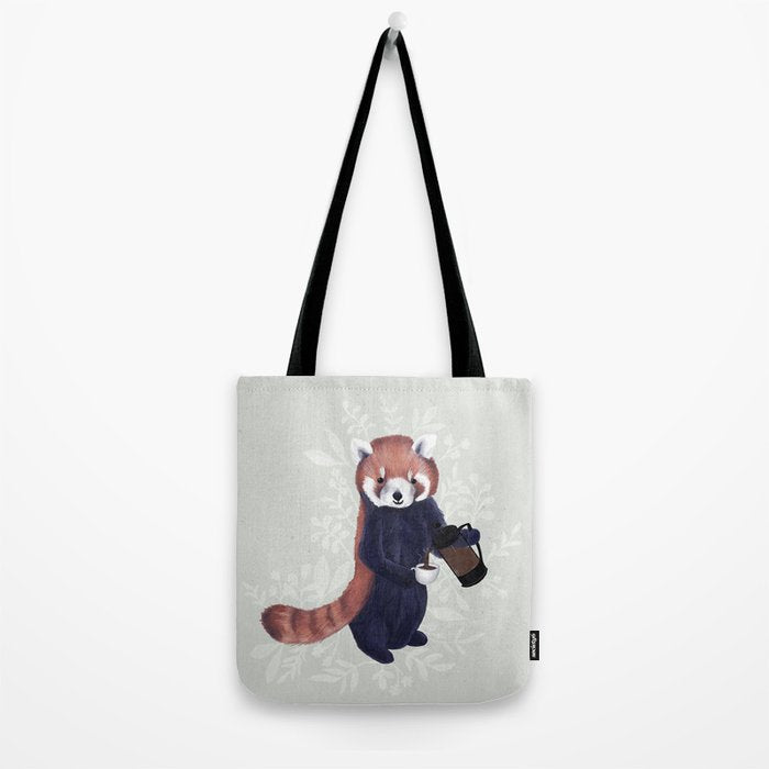 Cute Red Panda and Coffee / French Press and Botanicals Art Print, Green, Orange, Navy  Tote Bag Gallery Image 2