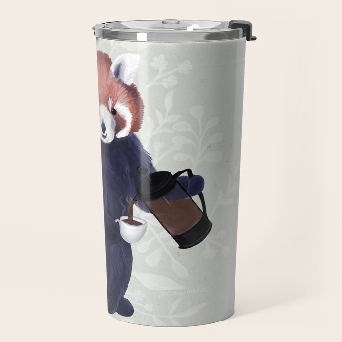 Cute Red Panda and Coffee / French Press and Botanicals Art Print, Green, Orange, Navy  Travel Mug Gallery Image 2