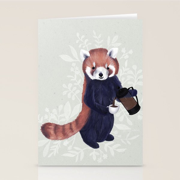 Cute Red Panda and Coffee / French Press and Botanicals Art Print, Green, Orange, Navy  Stationery Card Gallery Image 2