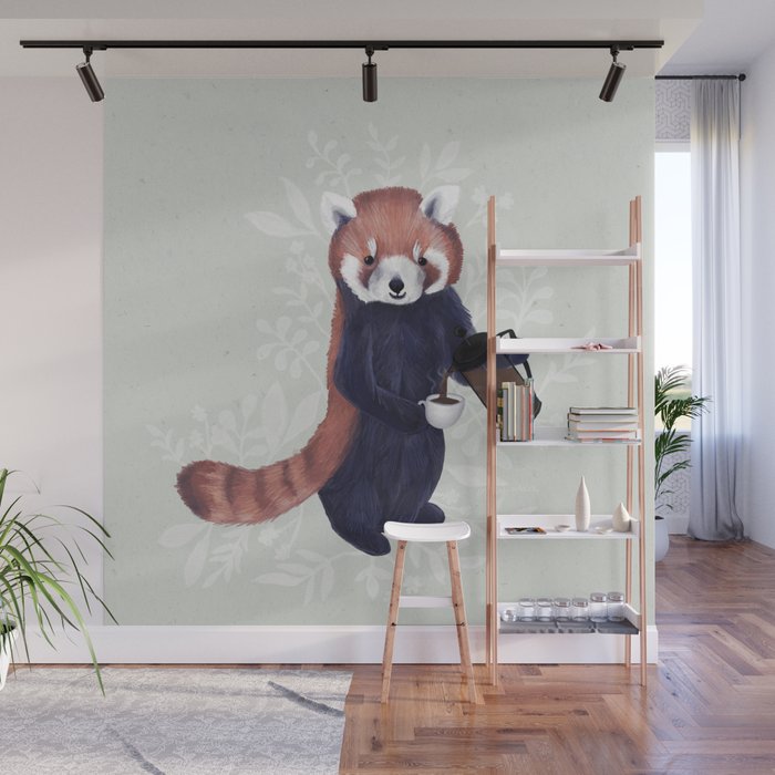 Cute Red Panda and Coffee / French Press and Botanicals Art Print, Green, Orange, Navy  Wall Mural Gallery Image 1