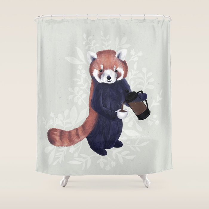 Cute Red Panda and Coffee / French Press and Botanicals Art Print, Green, Orange, Navy  Shower Curtain Gallery Image 1