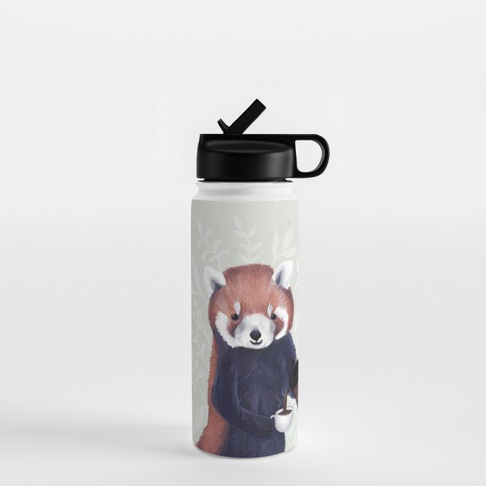 Cute Red Panda and Coffee / French Press and Botanicals Art Print, Green, Orange, Navy  Water Bottle Gallery Image 1
