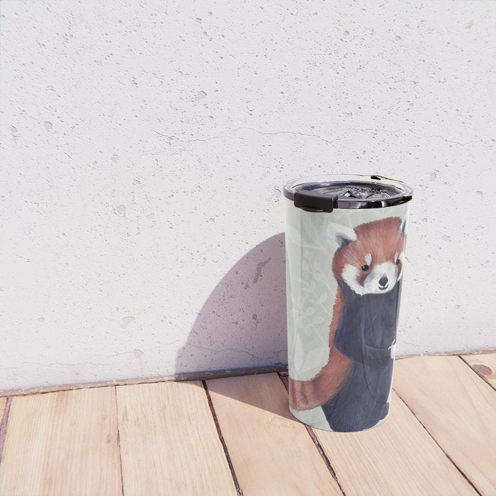 Cute Red Panda and Coffee / French Press and Botanicals Art Print, Green, Orange, Navy  Travel Mug Gallery Image 4