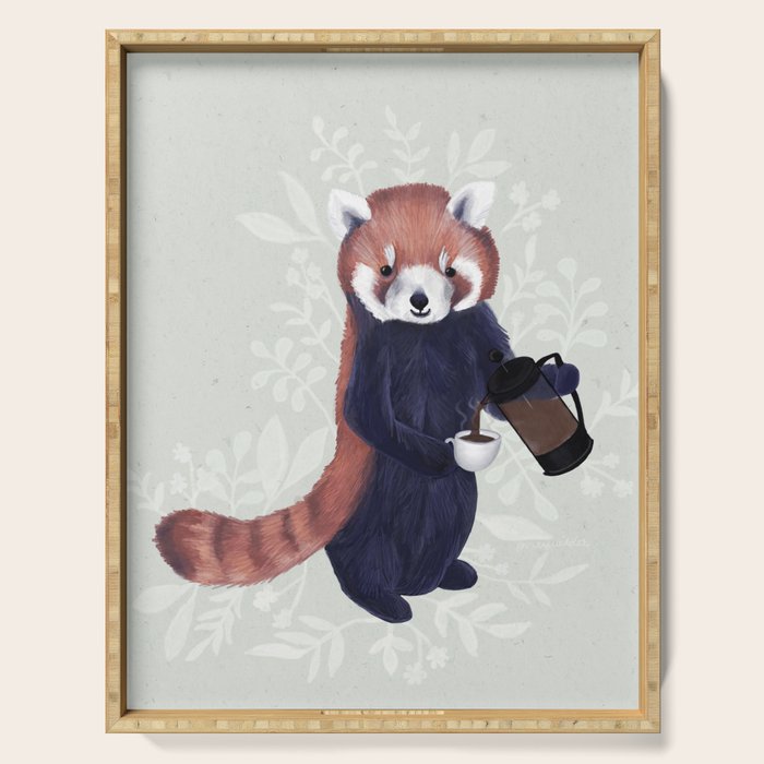 Cute Red Panda and Coffee / French Press and Botanicals Art Print, Green, Orange, Navy  Serving Tray Gallery Image 1