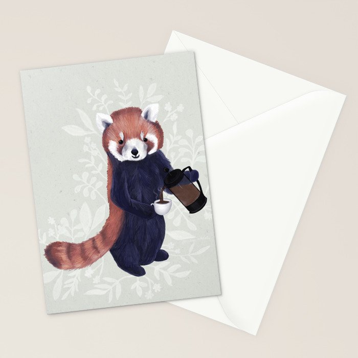 Cute Red Panda and Coffee / French Press and Botanicals Art Print, Green, Orange, Navy  Stationery Card Gallery Image 2