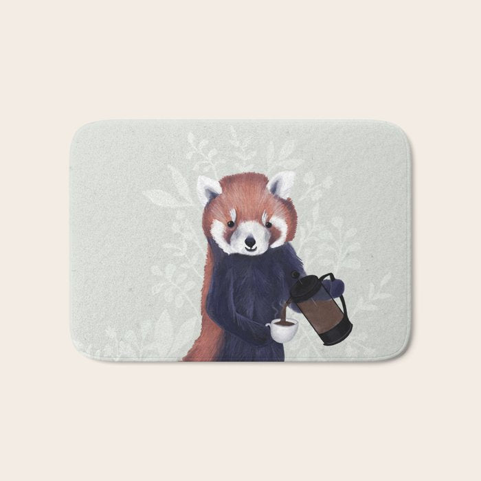 Cute Red Panda and Coffee / French Press and Botanicals Art Print, Green, Orange, Navy  Bath Mat Gallery Image 1