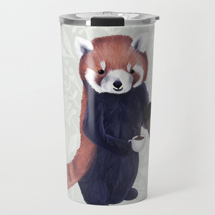 Cute Red Panda and Coffee / French Press and Botanicals Art Print, Green, Orange, Navy  Travel Mug Gallery Image 1