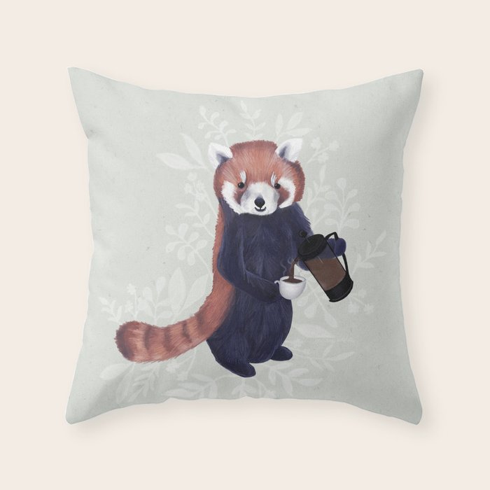 Cute Red Panda and Coffee / French Press and Botanicals Art Print, Green, Orange, Navy  Throw Pillow Gallery Image 6
