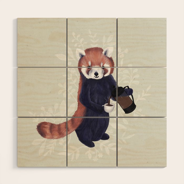 Cute Red Panda and Coffee / French Press and Botanicals Art Print, Green, Orange, Navy  Wood Wall Art Gallery Image 1