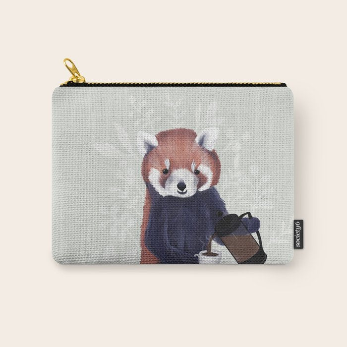 Cute Red Panda and Coffee / French Press and Botanicals Art Print, Green, Orange, Navy  Carry All Pouch Gallery Image 1