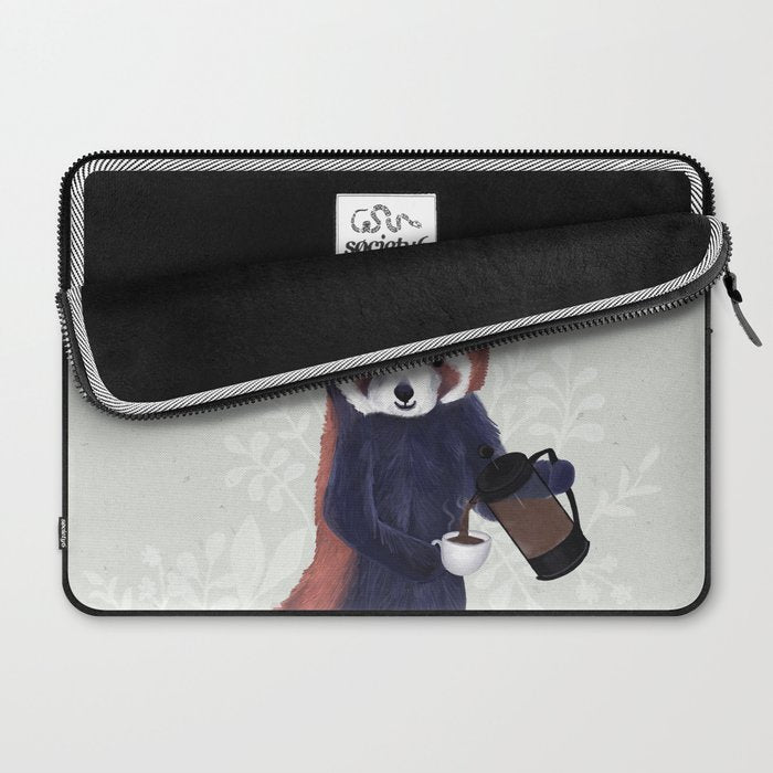 Cute Red Panda and Coffee / French Press and Botanicals Art Print, Green, Orange, Navy  Laptop Sleeve Gallery Image 2