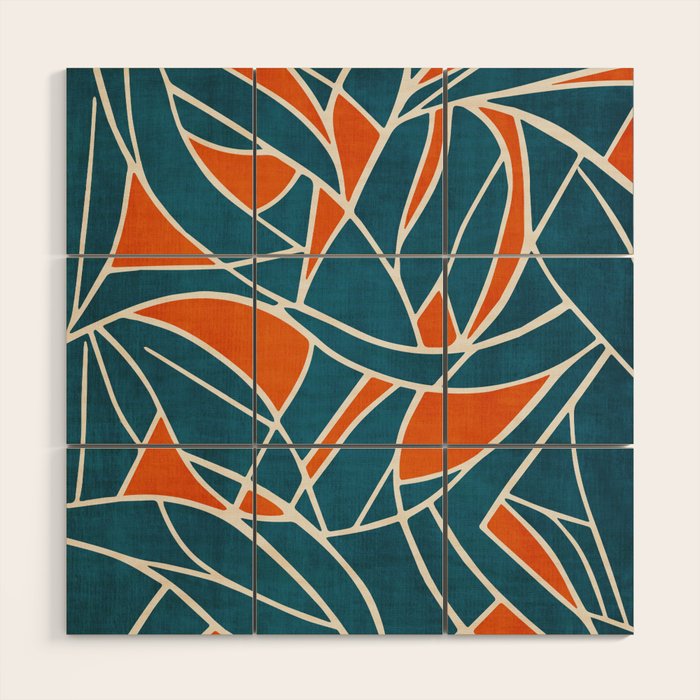 Abstract Leaves Teal Orange Artwork Wood Wall Art Gallery Image 1