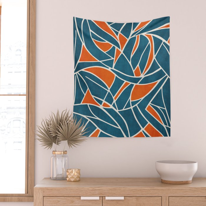 Abstract Leaves Teal Orange Artwork Wall Tapestry Gallery Image 2