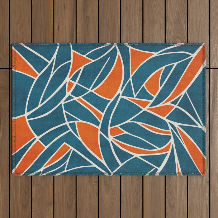 Abstract Leaves Teal Orange Artwork Outdoor Rug Gallery Image 1