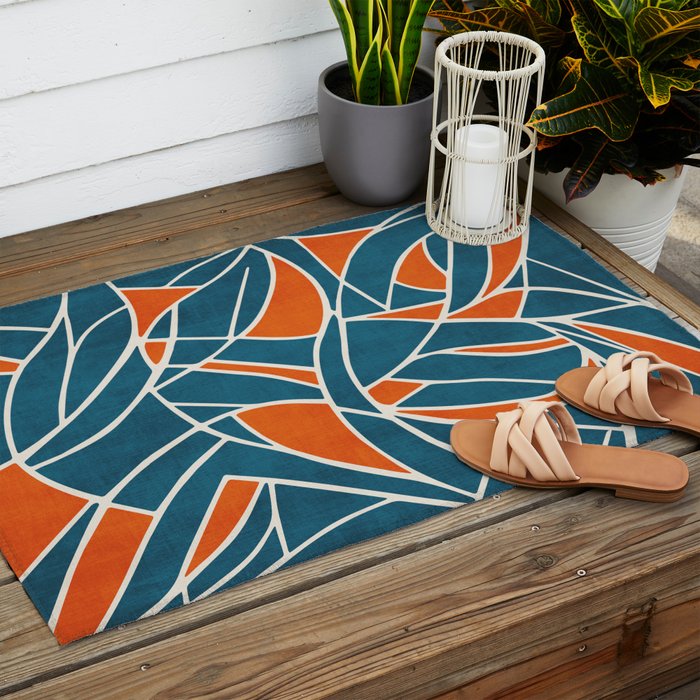 Abstract Leaves Teal Orange Artwork Outdoor Rug Gallery Image 2