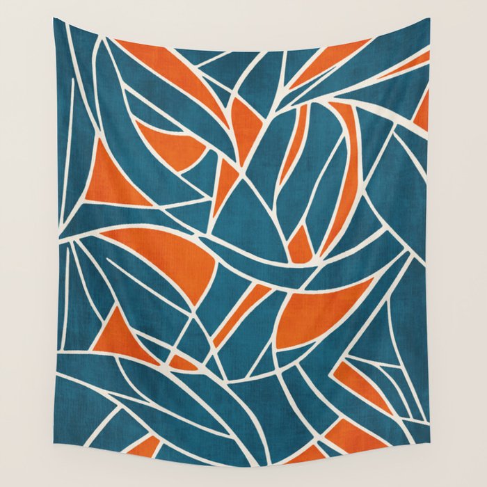 Abstract Leaves Teal Orange Artwork Wall Tapestry Gallery Image 4