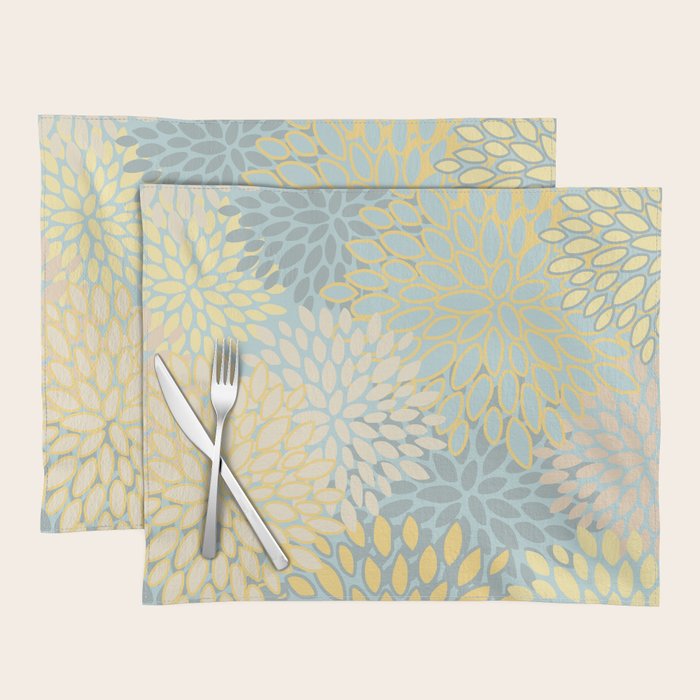 Elegant Blooms: Modern Floral Art in Soft Yellow and Teal Placemat Gallery Image 1