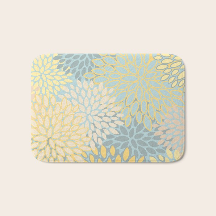 Elegant Blooms: Modern Floral Art in Soft Yellow and Teal Bath Mat Gallery Image 1