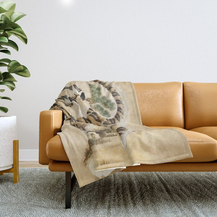 Vintage Minhwa Tiger Under Pine Tree Throw Blanket Gallery Image 1